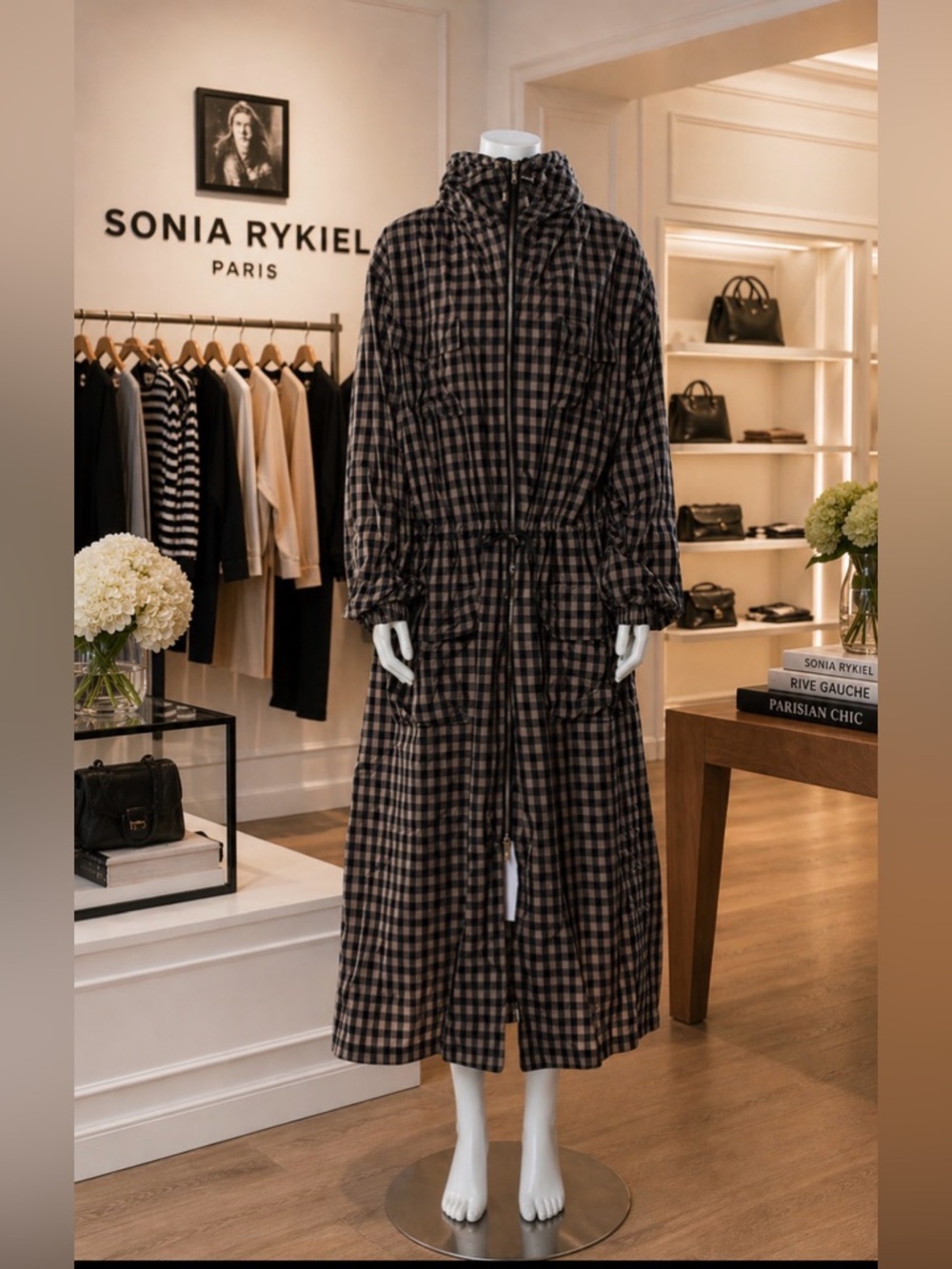 Sonia Rykiel Brown Plaid Drawstring Long Utility Jacket Trench Duster $1005 MSRP